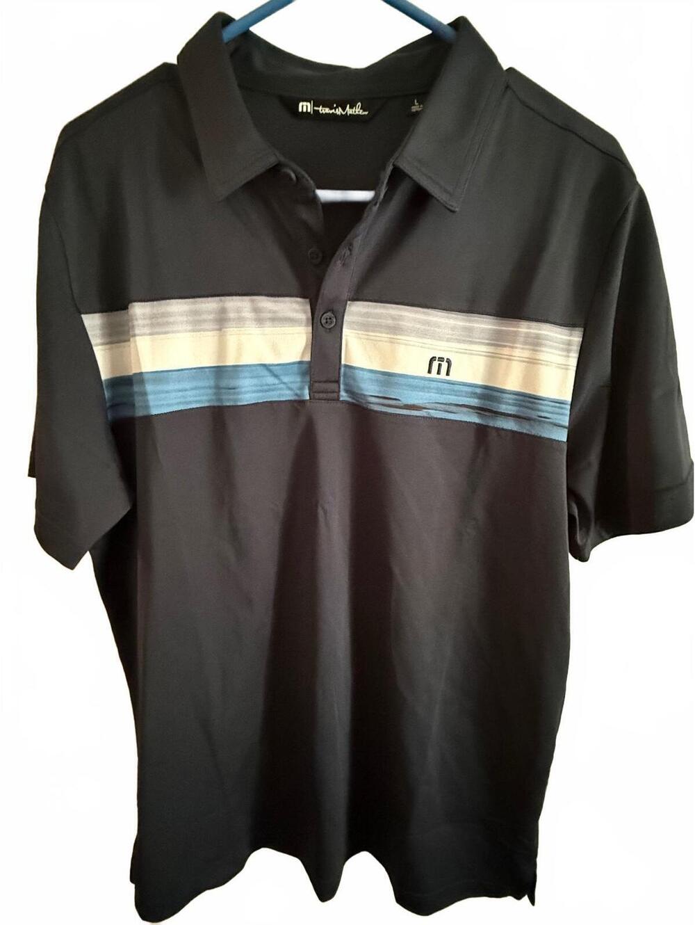 TravisMathew Men's Polo Shirt Size L Black with Blue and White Stripes